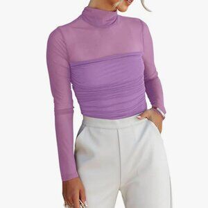 Violet bodysuit with sheer sleeves and neck